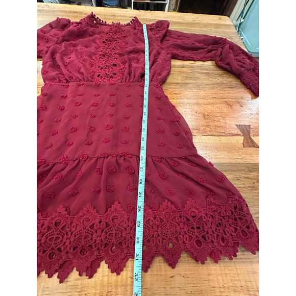 Lulus "Bohemian Dream" Burgundy Swiss dots and Lace Mini Dress - Picture 16 of 16